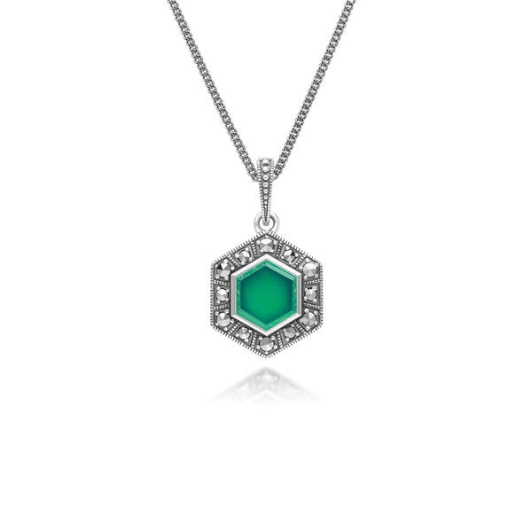 gemondo Art Deco Style Hexagon Chalcedony and Marcasite Pendant Necklace in Sterling Silver