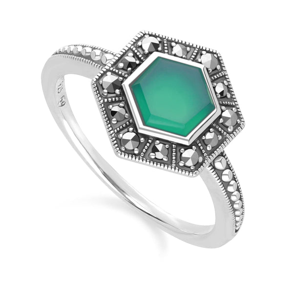 Gemondo Art Deco Style Hexagon Chalcedony And Marcasite Ring In Sterling Silver