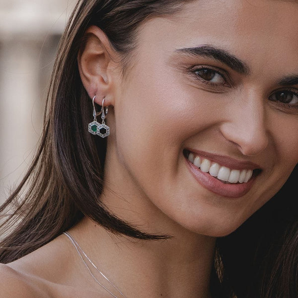 Gemondo Art Deco Style Hexagon Onyx And Marcasite Drop Earrings In Sterling Silver