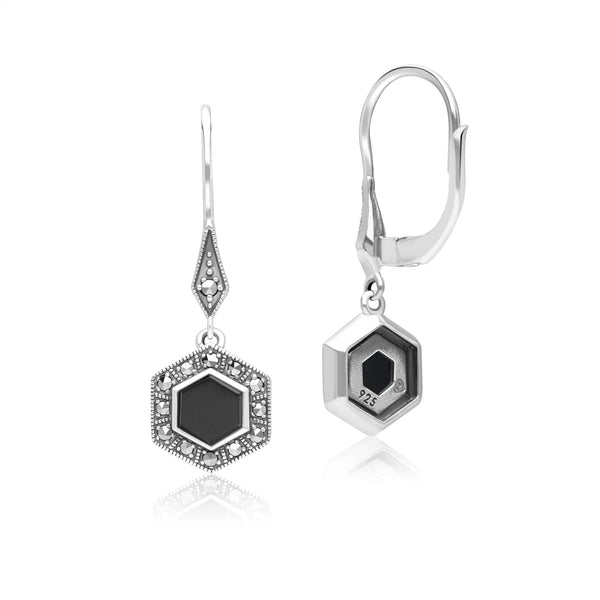 Gemondo Art Deco Style Hexagon Onyx And Marcasite Drop Earrings In Sterling Silver