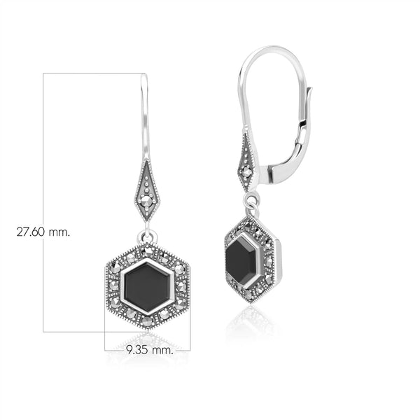 Gemondo Art Deco Style Hexagon Onyx And Marcasite Drop Earrings In Sterling Silver