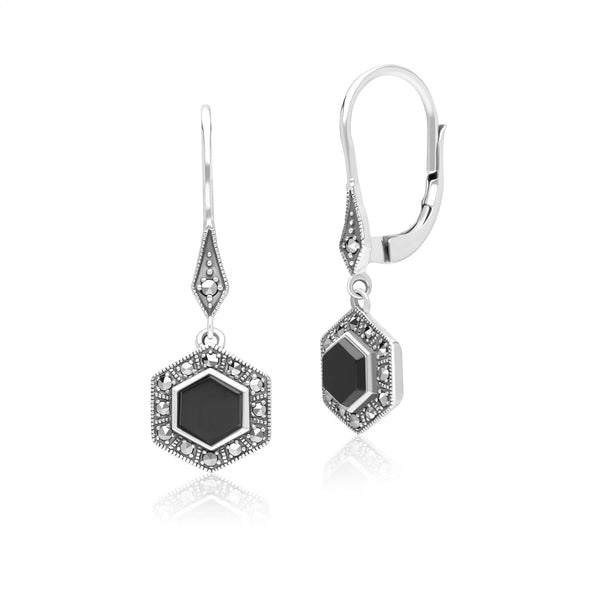 gemondo Art Deco Style Hexagon Onyx and Marcasite Drop Earrings in Sterling Silver