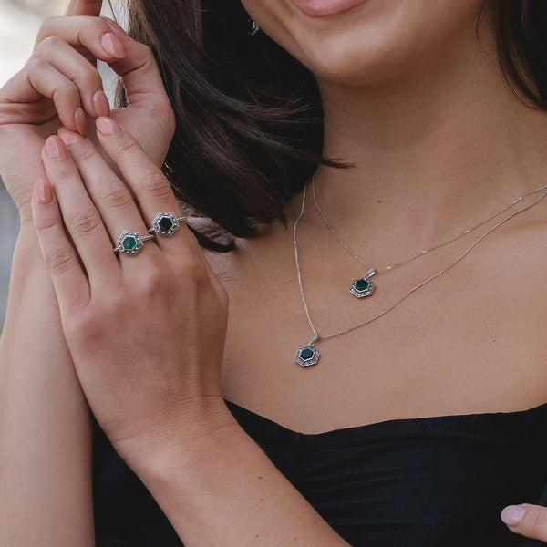 Gemondo Art Deco Style Hexagon Onyx And Marcasite Pendant Necklace In Sterling Silver