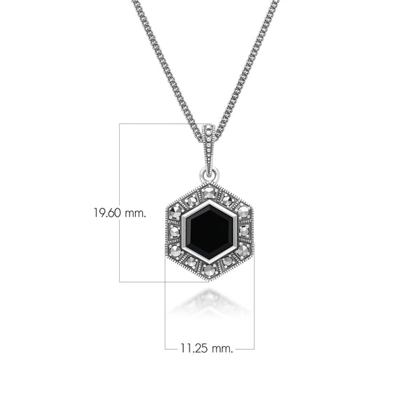 Gemondo Art Deco Style Hexagon Onyx And Marcasite Pendant Necklace In Sterling Silver