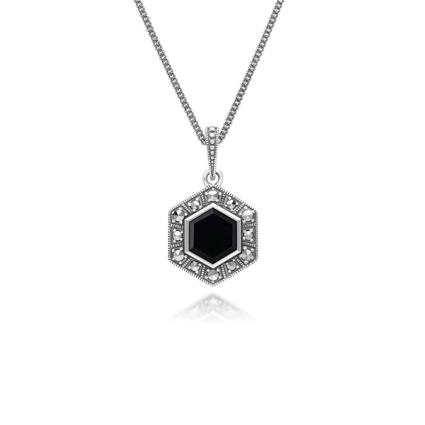 gemondo Art Deco Style Hexagon Onyx and Marcasite Pendant Necklace in Sterling Silver