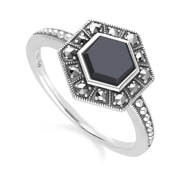 Gemondo Art Deco Style Hexagon Onyx And Marcasite Ring In Sterling Silver