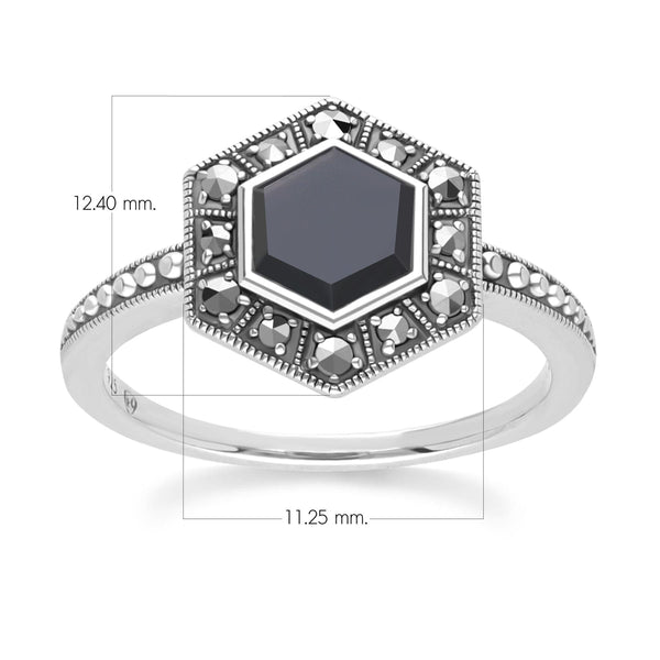 Gemondo Art Deco Style Hexagon Onyx And Marcasite Ring In Sterling Silver