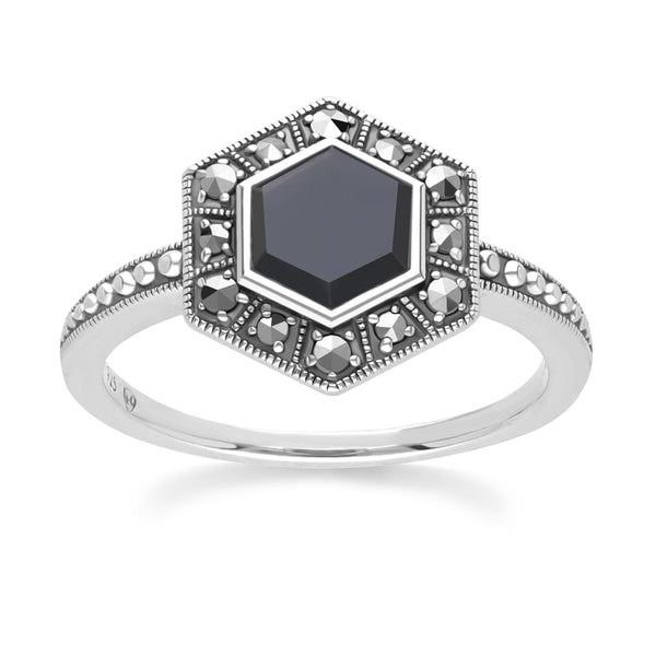gemondo Art Deco Style Hexagon Onyx and Marcasite Ring in Sterling Silver