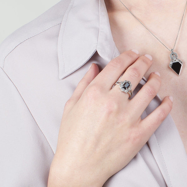 Gemondo Art Deco Style Irregular Cut Onyx And Marcasite Pendant In 925 Sterling Silver