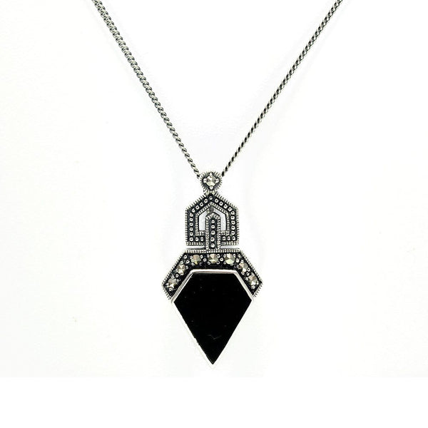 gemondo Art Deco Style Irregular Cut Onyx and Marcasite Pendant in 925 Sterling Silver