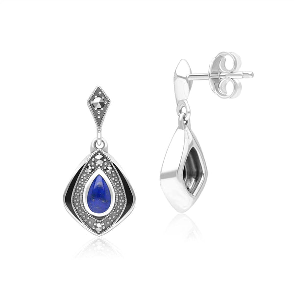 Gemondo Art Deco Style Kite Lapis Lazuli And Marcasite Drop Earrings In Sterling Silver
