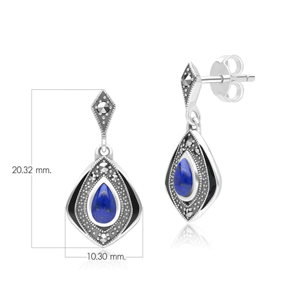 Gemondo Art Deco Style Kite Lapis Lazuli And Marcasite Drop Earrings In Sterling Silver