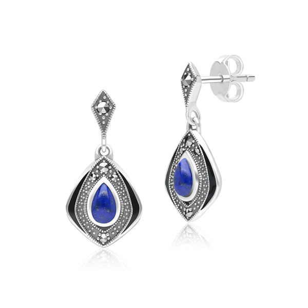 gemondo Art Deco Style Kite Lapis Lazuli and Marcasite Drop Earrings in Sterling Silver