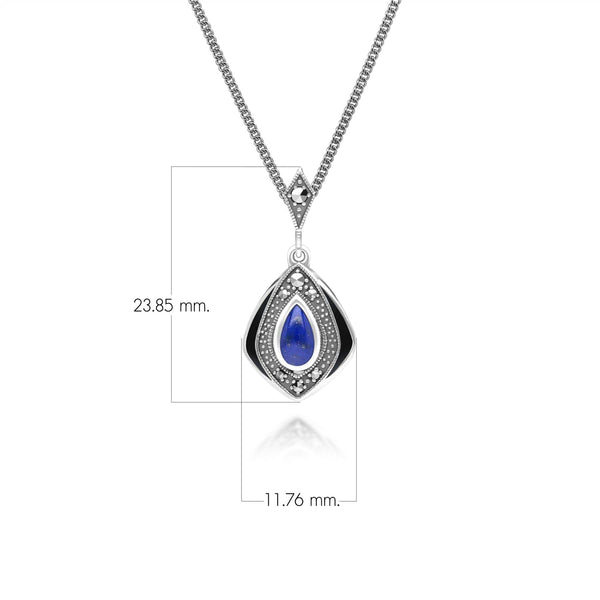 Gemondo Art Deco Style Kite Lapis Lazuli And Marcasite Pendant Necklace In Sterling Silver