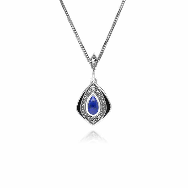 gemondo Art Deco Style Kite Lapis Lazuli and Marcasite Pendant Necklace in Sterling Silver
