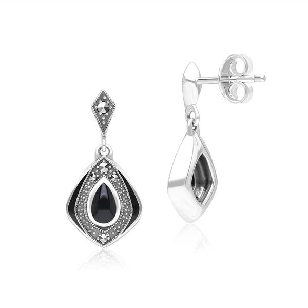 Gemondo Art Deco Style Kite Onyx And Marcasite Drop Earrings In Sterling Silver