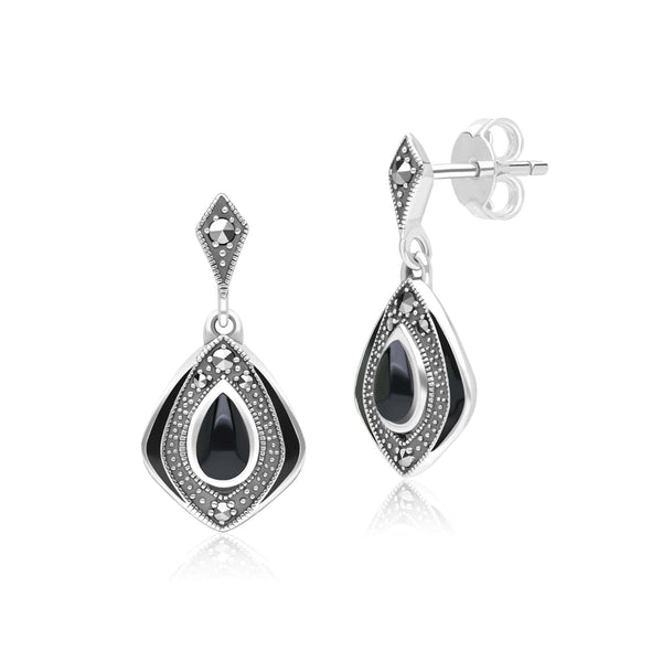 gemondo Art Deco Style Kite Onyx and Marcasite Drop Earrings in Sterling Silver