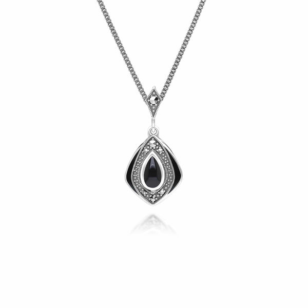 gemondo Art Deco Style Kite Onyx and Marcasite Pendant Necklace in Sterling Silver
