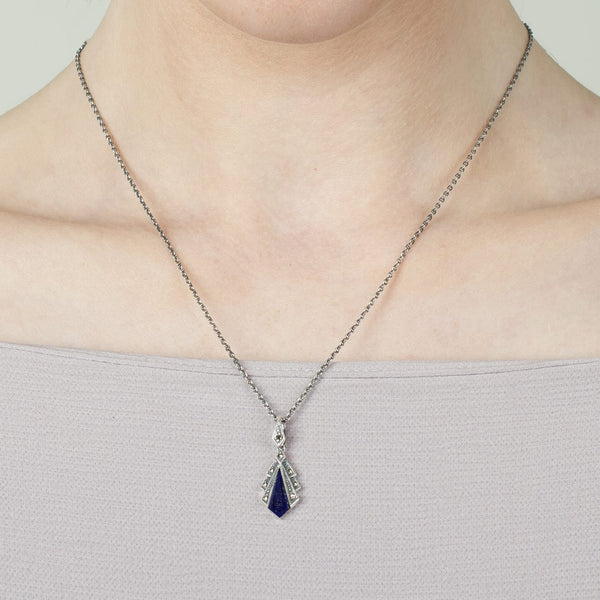 Gemondo Art Deco Style Lapis Lazuli & Marcasite Pendant In 925 Sterling Silver