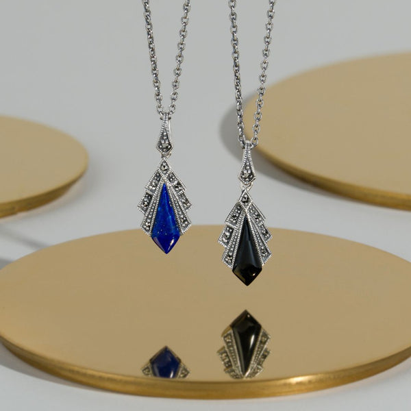 Gemondo Art Deco Style Lapis Lazuli & Marcasite Pendant In 925 Sterling Silver