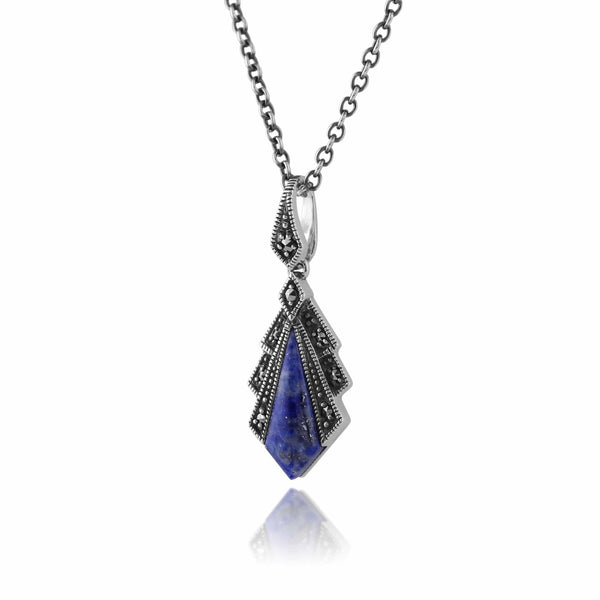 Gemondo Art Deco Style Lapis Lazuli & Marcasite Pendant In 925 Sterling Silver