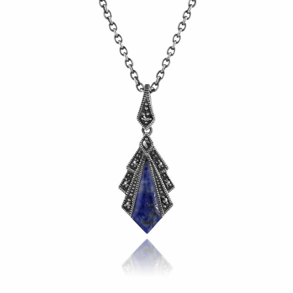 gemondo Art Deco Style Lapis Lazuli & Marcasite Pendant in 925 Sterling Silver