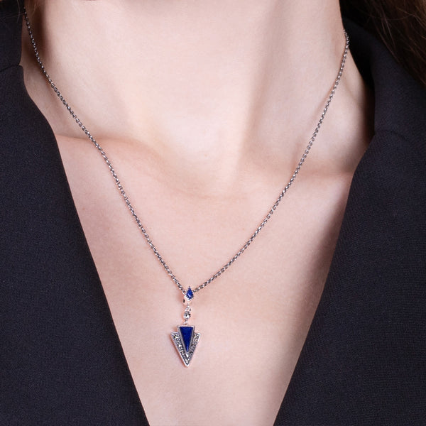 Gemondo Art Deco Style Lapis Lazuli & Marcasite Pendant In 925 Sterling Silver