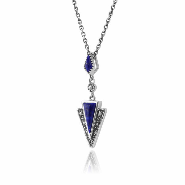 Gemondo Art Deco Style Lapis Lazuli & Marcasite Pendant In 925 Sterling Silver