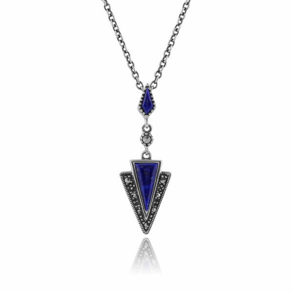 gemondo Art Deco Style Lapis Lazuli & Marcasite Pendant in 925 Sterling Silver