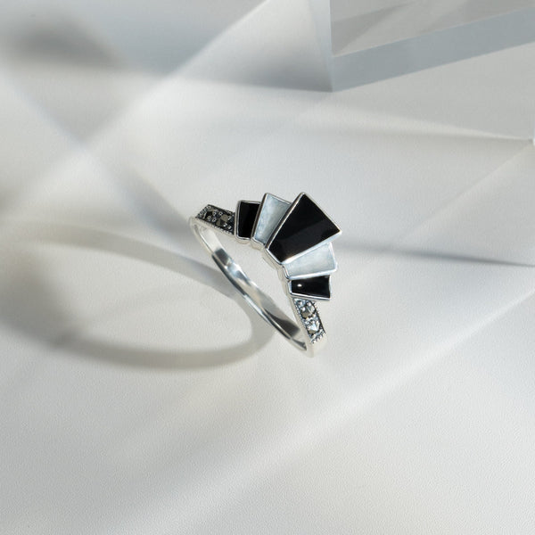 Gemondo Art Deco Style Marcasite & Black And White Enamel Gradient Fan Ring In 925 Sterling Silver
