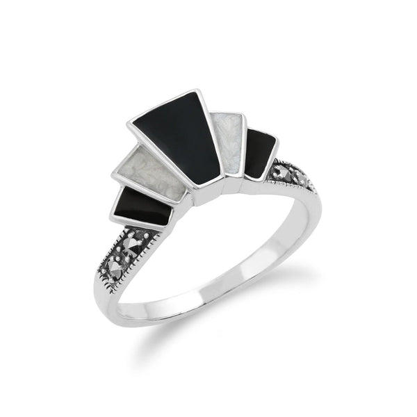 Gemondo Art Deco Style Marcasite & Black And White Enamel Gradient Fan Ring In 925 Sterling Silver
