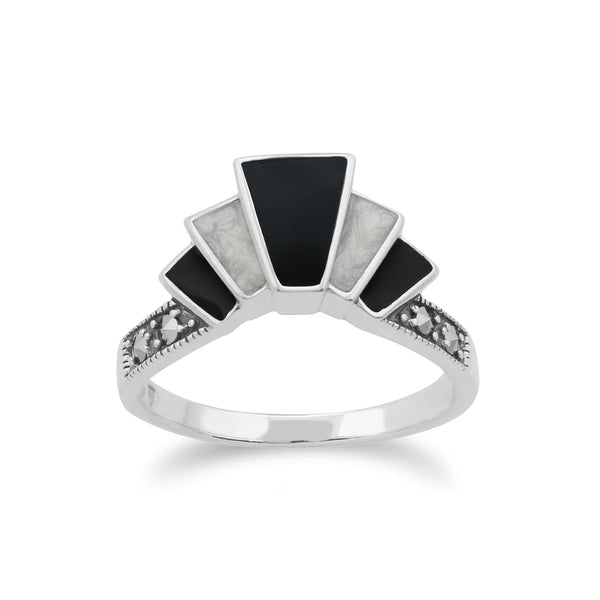 gemondo Art Deco Style Marcasite & Black and White Enamel Gradient Fan Ring in 925 Sterling Silver