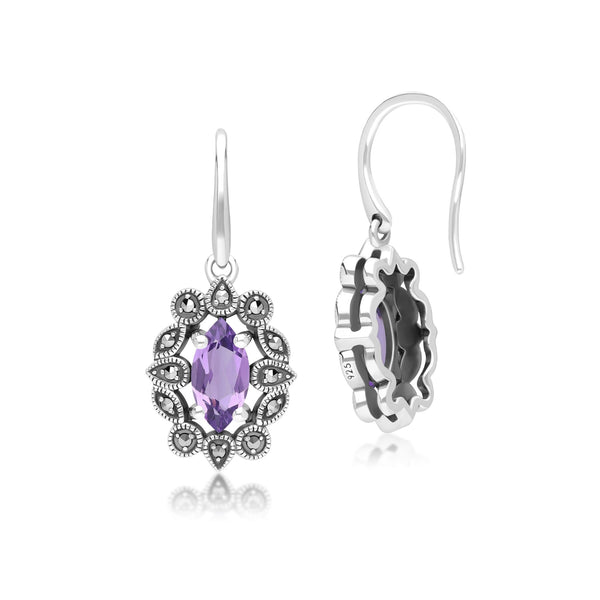 Gemondo Art Deco Style Marquise Amethyst & Marcasite Drop Earrings In Sterling Silver