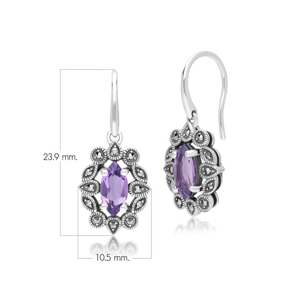 Gemondo Art Deco Style Marquise Amethyst & Marcasite Drop Earrings In Sterling Silver