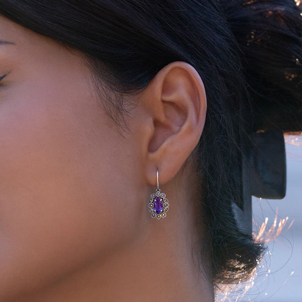 Gemondo Art Deco Style Marquise Amethyst & Marcasite Drop Earrings In Sterling Silver