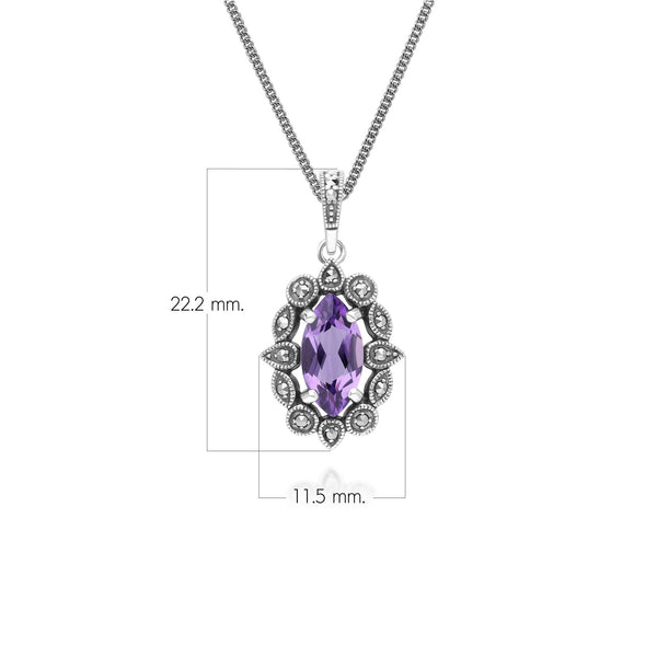 Gemondo Art Deco Style Marquise Amethyst & Marcasite Pendant Necklace In Sterling Silver