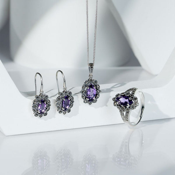 Gemondo Art Deco Style Marquise Amethyst & Marcasite Pendant Necklace In Sterling Silver