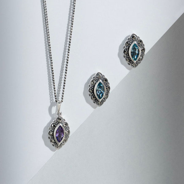 Gemondo Art Deco Style Marquise Amethyst & Marcasite Pendant In 925 Sterling Silver