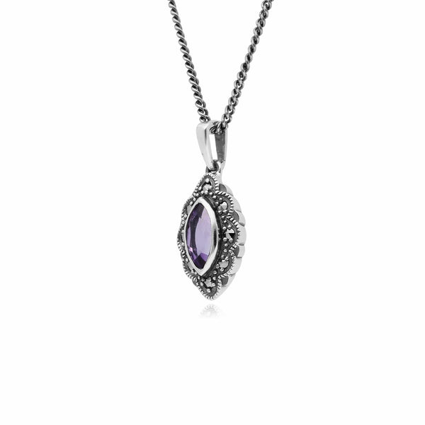 Gemondo Art Deco Style Marquise Amethyst & Marcasite Pendant In 925 Sterling Silver