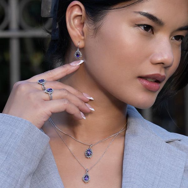 Gemondo Art Deco Style Marquise Amethyst & Marcasite Pendant Necklace In Sterling Silver