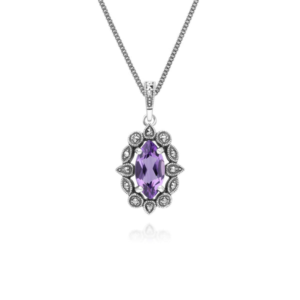 gemondo Art Deco Style Marquise Amethyst & Marcasite Pendant Necklace in Sterling Silver