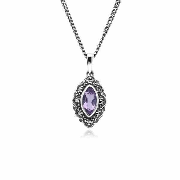 gemondo Art Deco Style Marquise Amethyst & Marcasite Pendant in 925 Sterling Silver