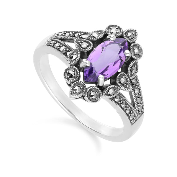 Gemondo Art Deco Style Marquise Amethyst & Marcasite Ring In Sterling Silver