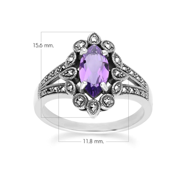 Gemondo Art Deco Style Marquise Amethyst & Marcasite Ring In Sterling Silver