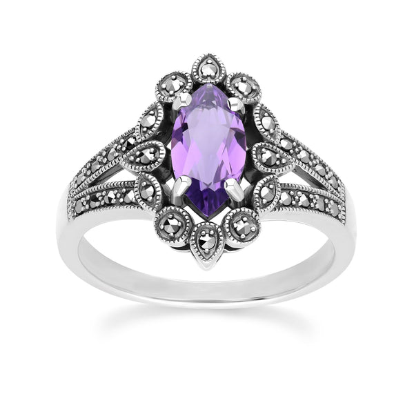 gemondo Art Deco Style Marquise Amethyst & Marcasite Ring in Sterling Silver