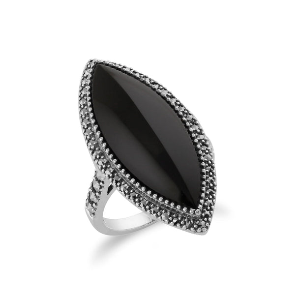 Gemondo Art Deco Style Marquise Black Onyx & Marcasite Statement Ring In 925 Sterling Silver