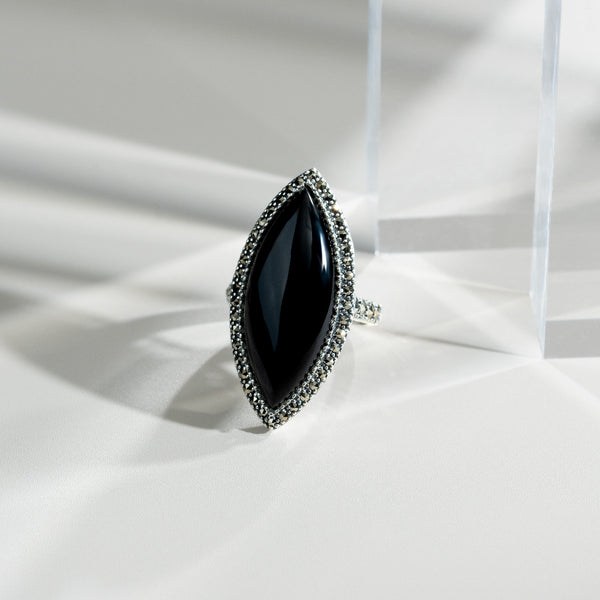 Gemondo Art Deco Style Marquise Black Onyx & Marcasite Statement Ring In 925 Sterling Silver