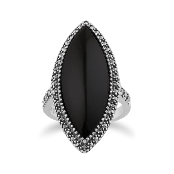 gemondo Art Deco Style Marquise Black Onyx & Marcasite Statement Ring in 925 Sterling Silver