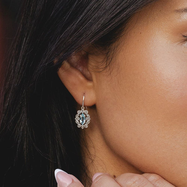 Gemondo Art Deco Style Marquise Blue Topaz & Marcasite Drop Earrings In Sterling Silver