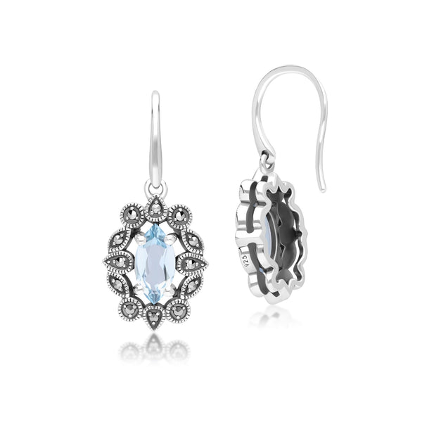 Gemondo Art Deco Style Marquise Blue Topaz & Marcasite Drop Earrings In Sterling Silver